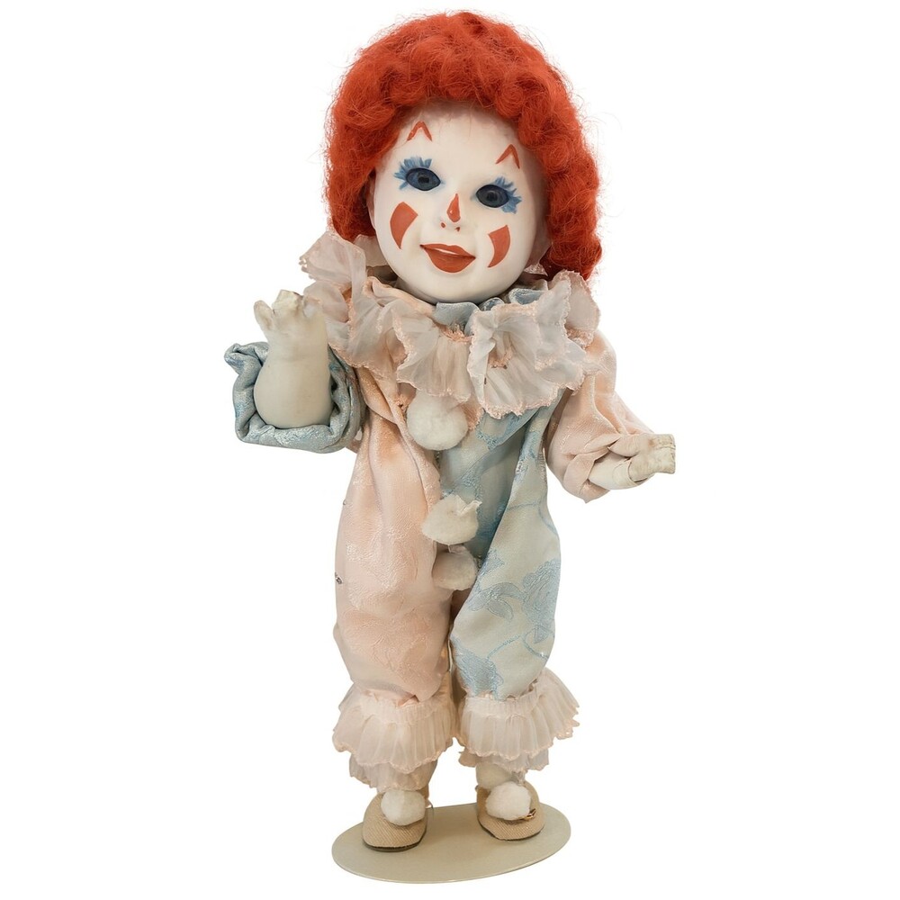 Vintage Clown Doll Bisque Harlequin Suit Ruffled Collar Mohair Wig 9.5 Inches